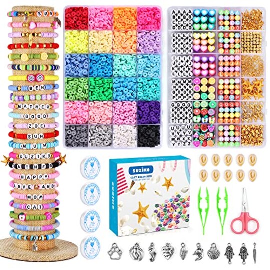 7400 Pieces Bracelet Making Kit, Clay Beads Flat Round Clay Beads for Jewelry Making Crafts Gift for Girls Ages 3-12(2 Box)